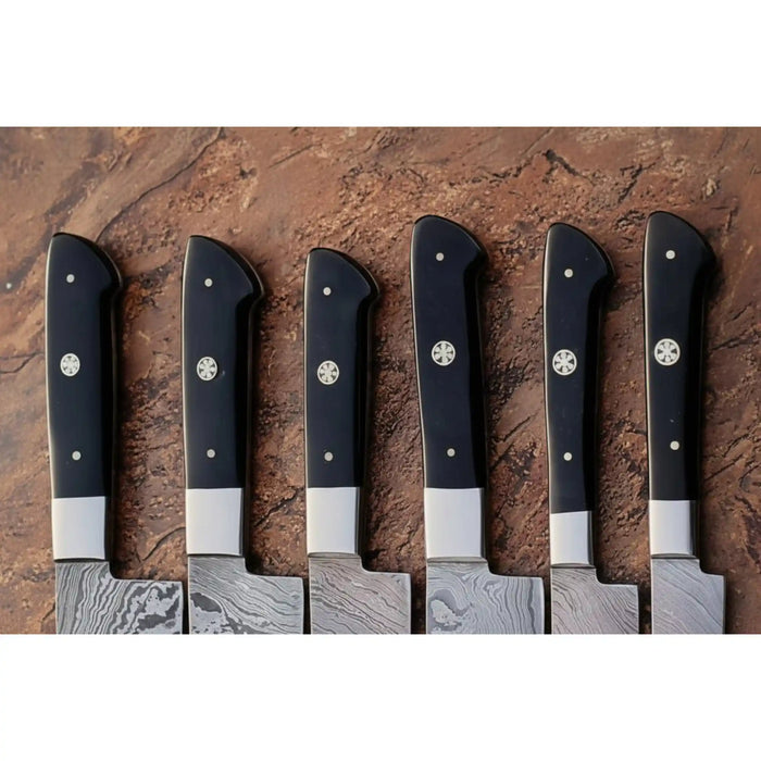 Hammer-Forged Damascus 7-Piece Carving & Slicer Knife Set — with Black Resin Handles