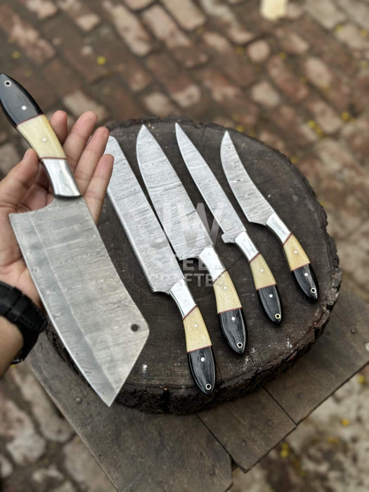 5-Piece Damascus Chef Knife Set – Camel Bone and Black Micarta Handles