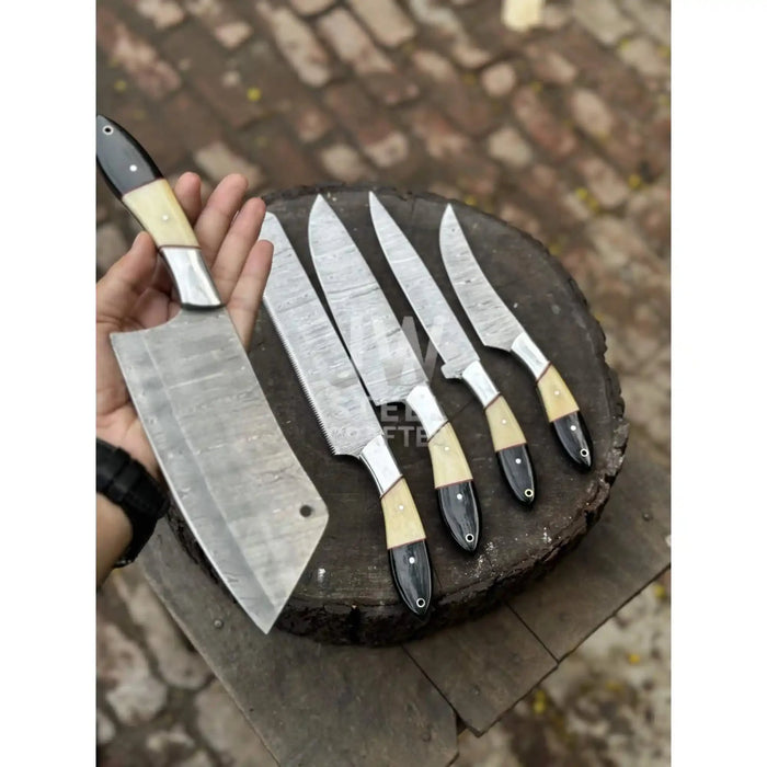 5-Piece Damascus Chef Knife Set – Camel Bone and Black Micarta Handles