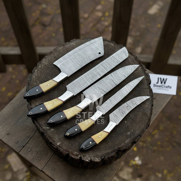 5-Piece Damascus Chef Knife Set – Camel Bone and Black Micarta Handles