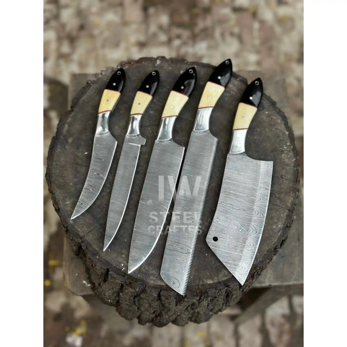 5-Piece Damascus Chef Knife Set – Camel Bone and Black Micarta Handles