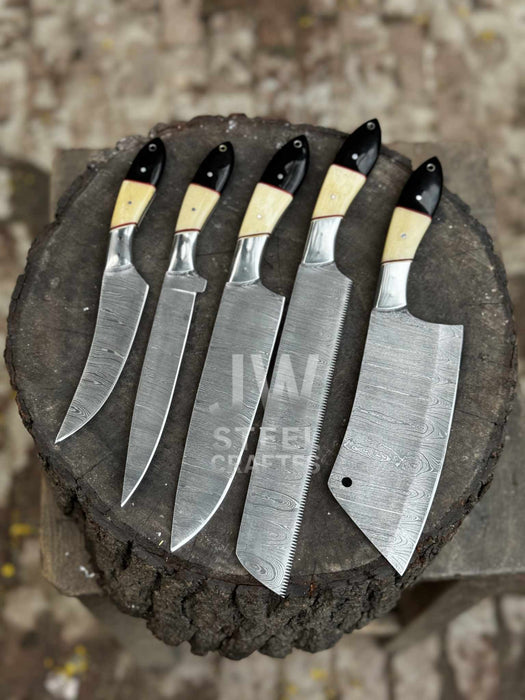 5-Piece Damascus Chef Knife Set – Camel Bone and Black Micarta Handles