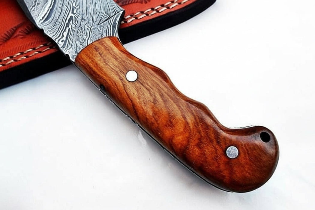 Damascus Drop Point Skinner Knife 3 Inch Blade Rosewood Handle Fixed Blade With Leather Sheath