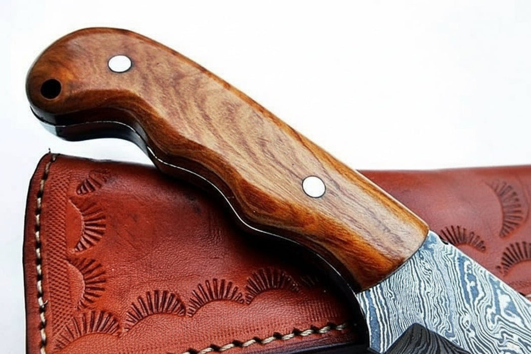 Damascus Drop Point Skinner Knife 3 Inch Blade Rosewood Handle Fixed Blade With Leather Sheath