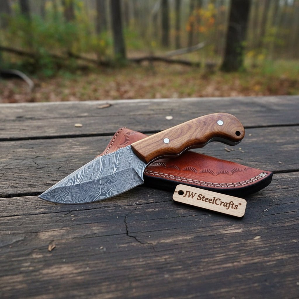 Damascus Drop Point Skinner Knife 3 Inch Blade Rosewood Handle Fixed B ...