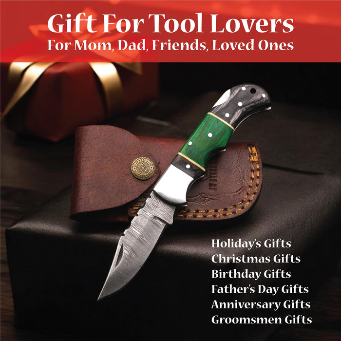 Damascus Folding Knife with Green and Black Pakka Wood Handle