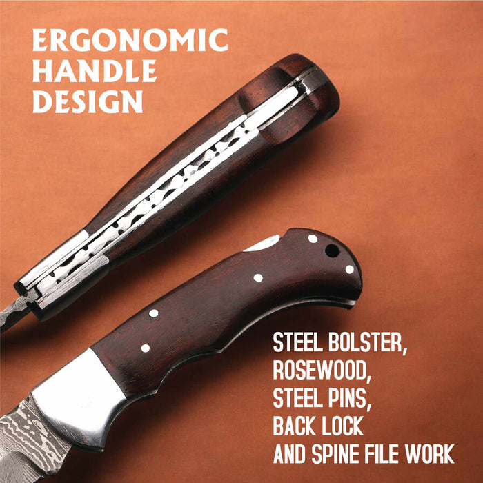 Damascus Rosewood Folding Knife with Lockback and Leather Sheath