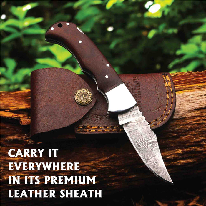 Damascus Rosewood Folding Knife with Lockback and Leather Sheath