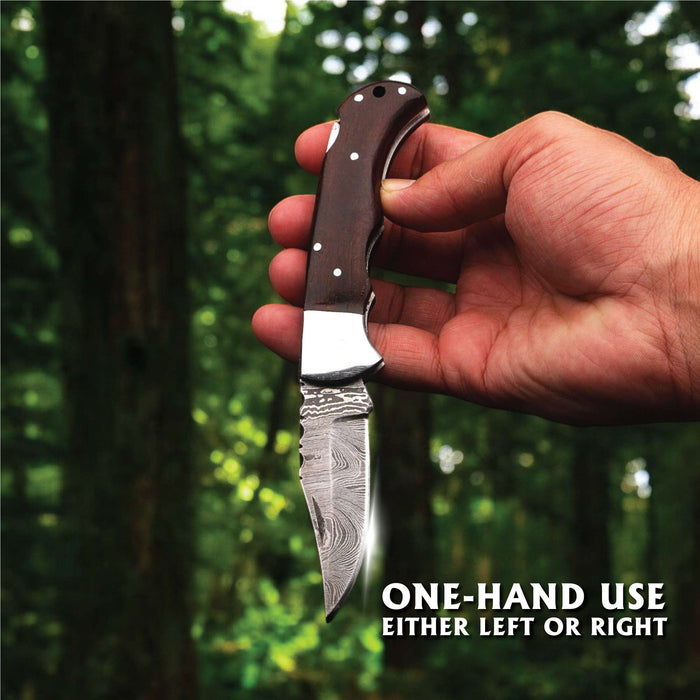 Damascus Rosewood Folding Knife with Lockback and Leather Sheath