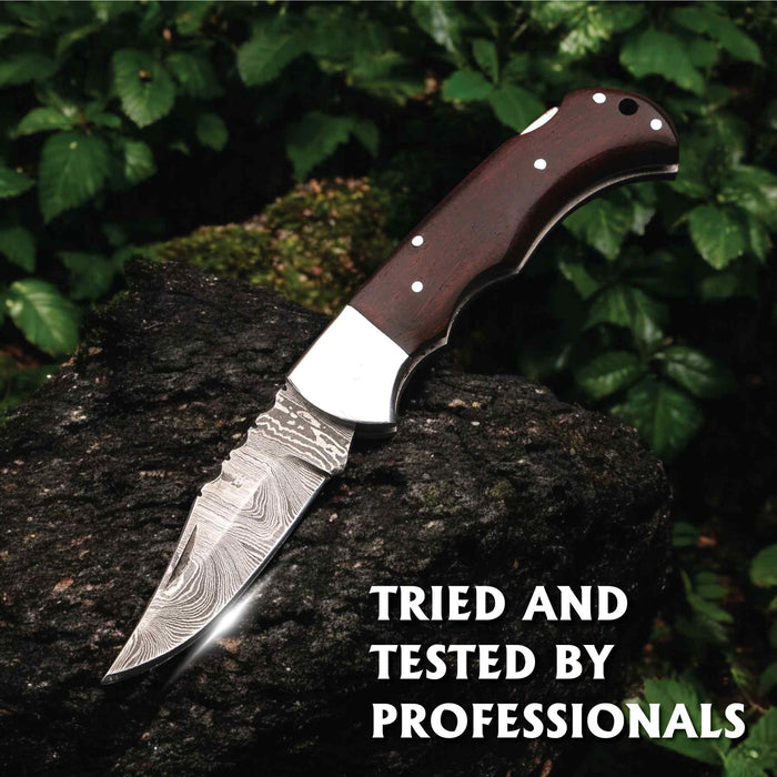 Damascus Rosewood Folding Knife with Lockback and Leather Sheath