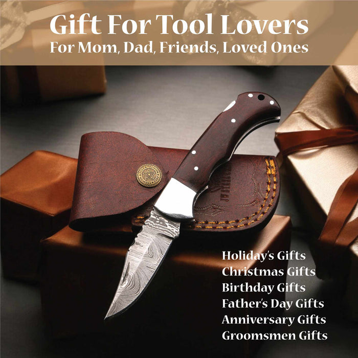 Damascus Rosewood Folding Knife with Lockback and Leather Sheath