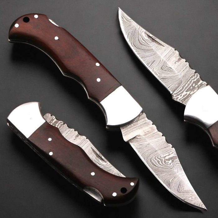 Damascus Rosewood Folding Knife with Lockback and Leather Sheath