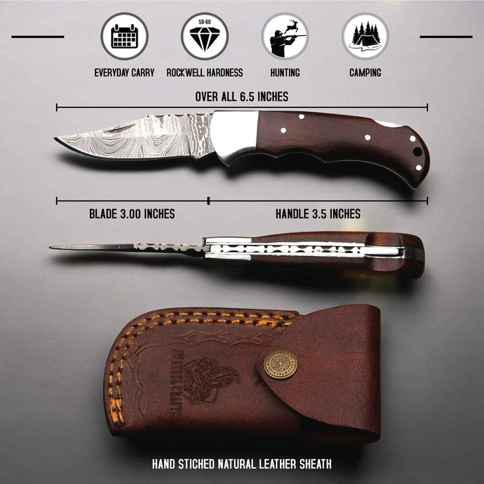 Damascus Rosewood Folding Knife with Lockback and Leather Sheath