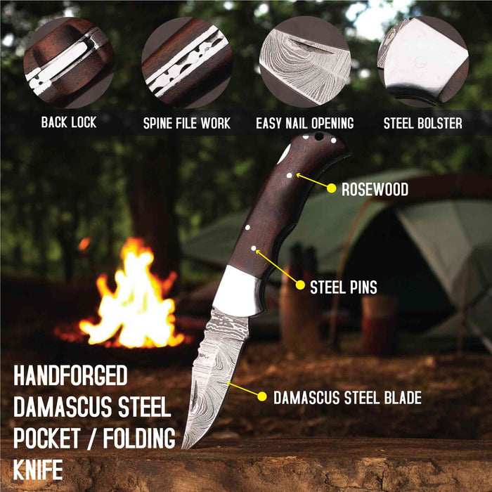 Damascus Rosewood Folding Knife with Lockback and Leather Sheath