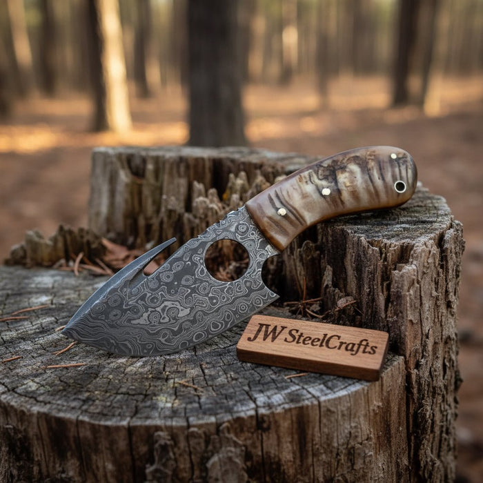 Damascus Gut hook Skinner Knife Raindrop pattern | two handle options