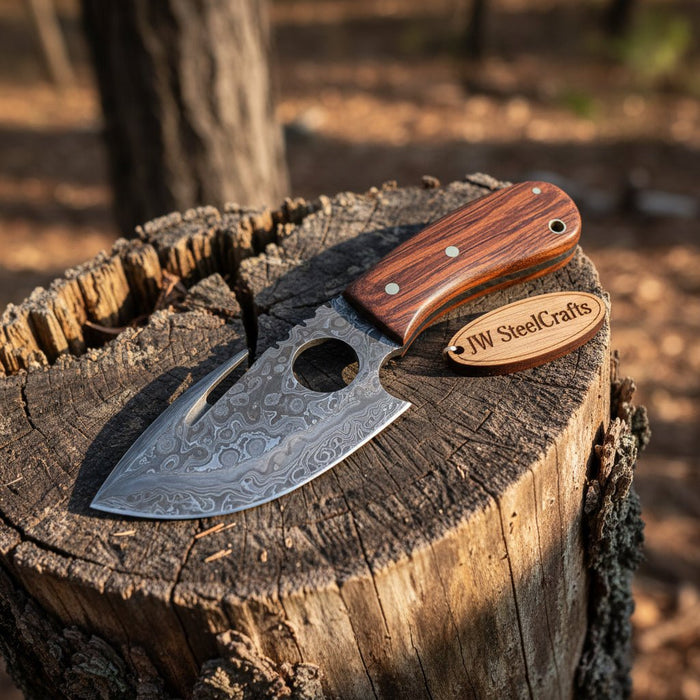 Damascus Gut hook Skinner Knife Raindrop pattern | two handle options