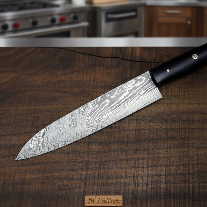 Handmade Japanese Damascus Knife Set, Chef Gyuto and Petty Utility Knives, Black Handle