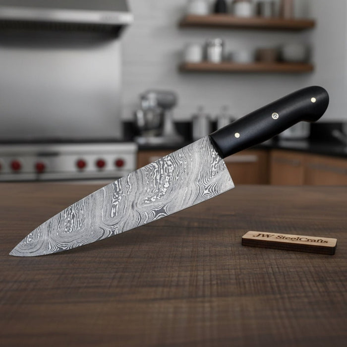Handmade Japanese Damascus Knife Set, Chef Gyuto and Petty Utility Knives, Black Handle