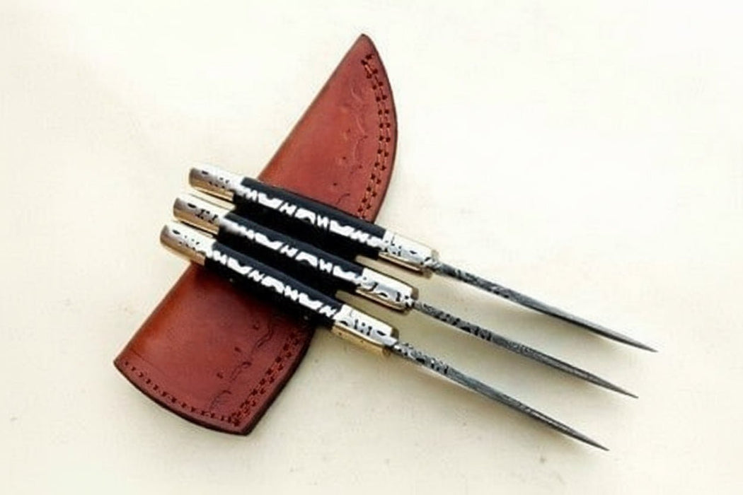 Damascus Hunting Knife Set Brass and Black Micarta Handle Fixed Blade Trio