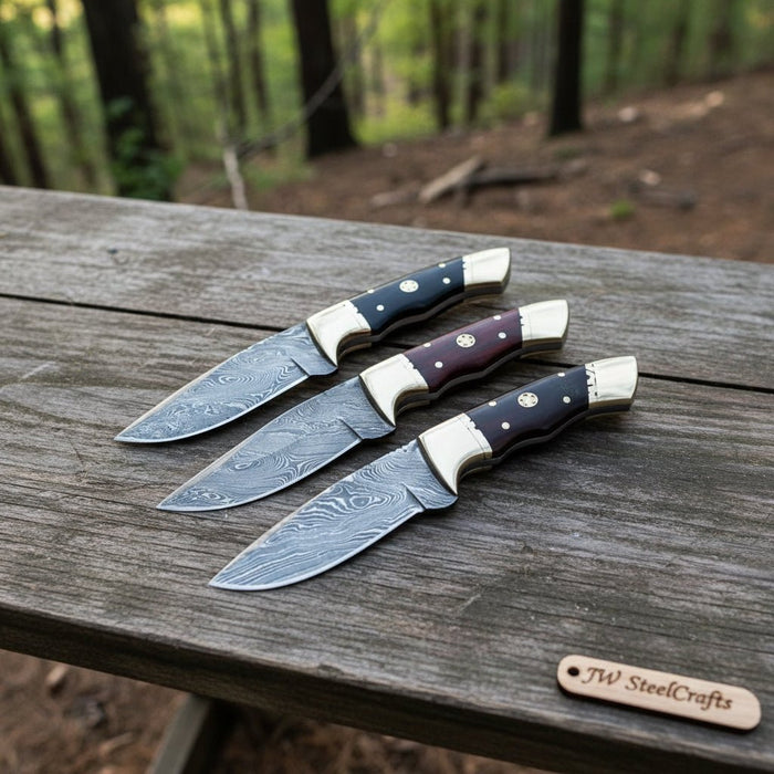 Damascus Hunting Knife Set Brass and Black Micarta Handle Fixed Blade Trio
