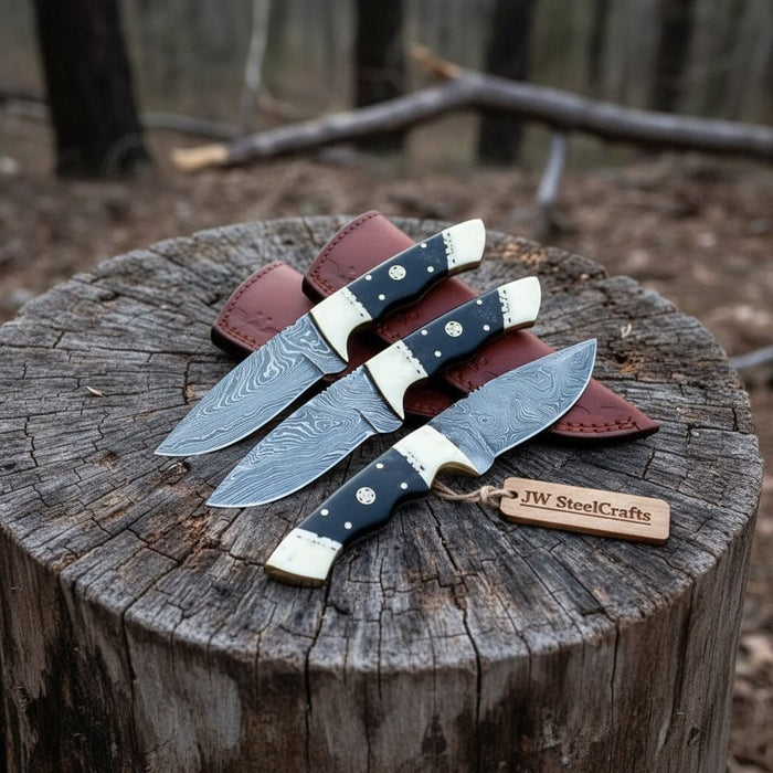 Damascus Hunting Knife Set Brass and Black Micarta Handle Fixed Blade Trio