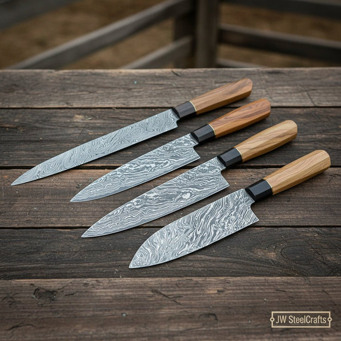 4-Piece Damascus Sujihiki, Gyuto, Santoku & Nakiri Set – Olive Wood Wa Handle