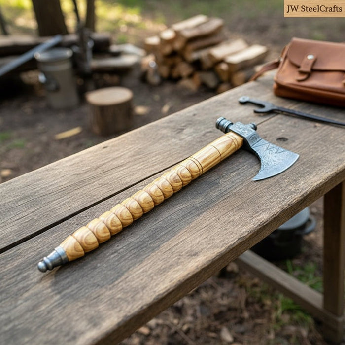 Damascus Pipe Axe 19 Inch Ash Wood Handle | Hand Forged Tomahawk Smoking Axe | JW SteelCrafts