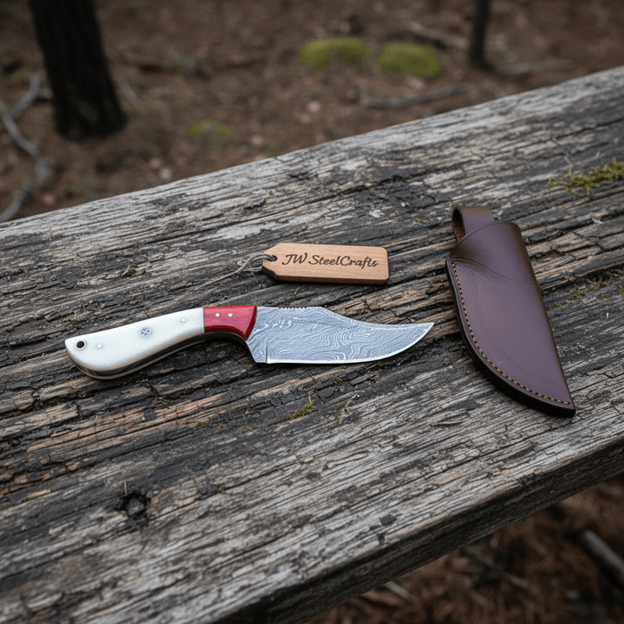 Damascus Skinner Knife Bone Red Pakka 6” Overall
