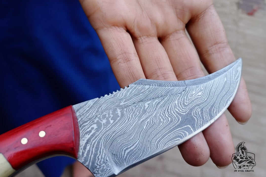Damascus Skinner Knife Bone Red Pakka 6” Overall