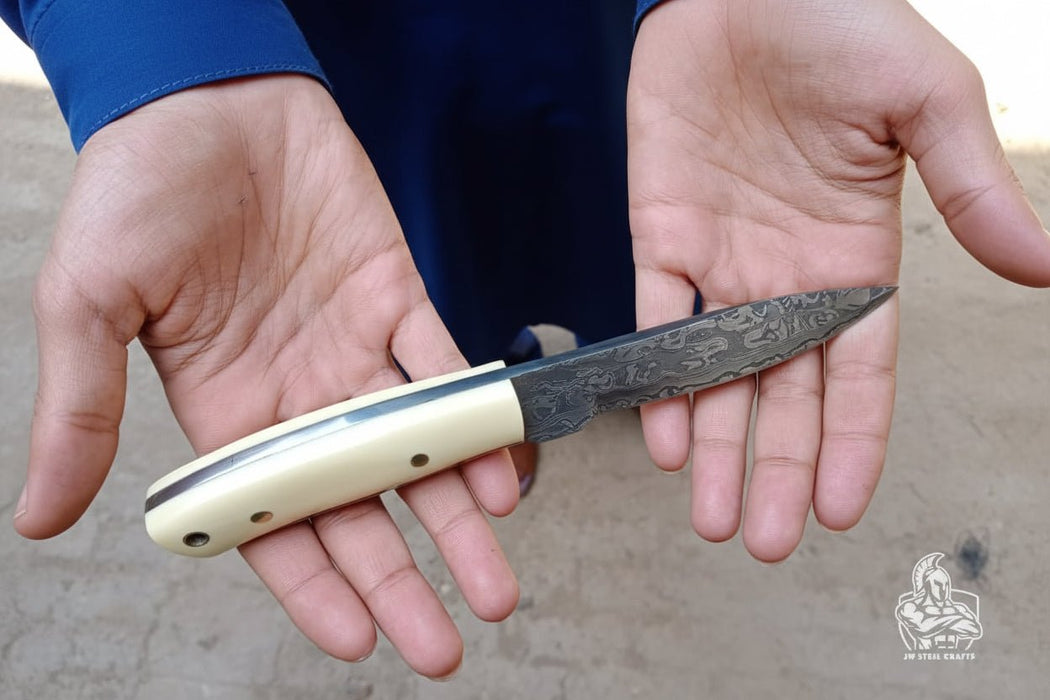 Damascus Skinner Knife White Resin Handle 7”