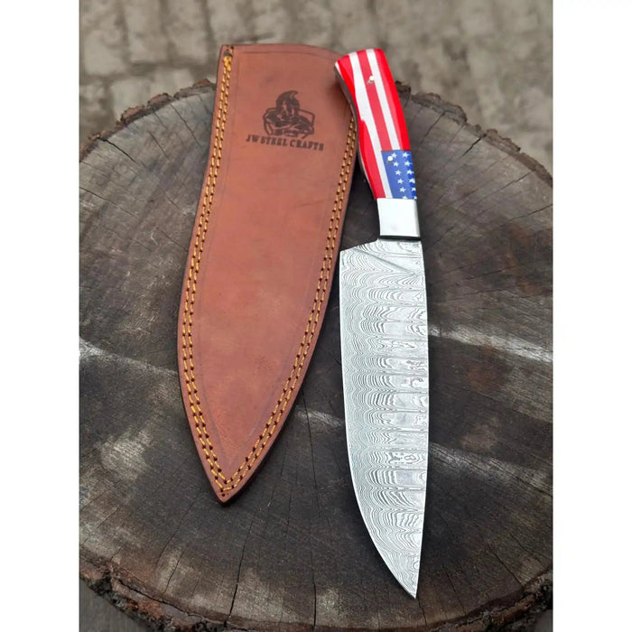 Damascus Chef Knife USA Flag Resin Handle | Hand-Forged Performance Blade