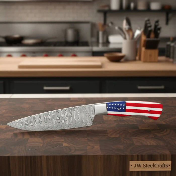 Damascus Chef Knife USA Flag Resin Handle | Hand-Forged Performance Blade