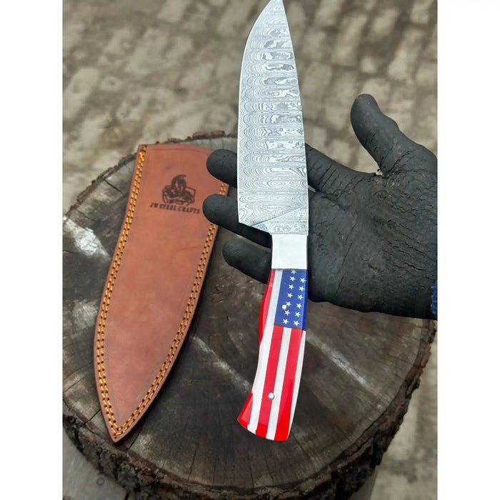 Damascus Chef Knife USA Flag Resin Handle | Hand-Forged Performance Blade