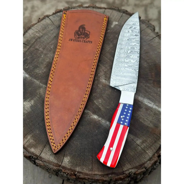 Damascus Chef Knife USA Flag Resin Handle | Hand-Forged Performance Blade