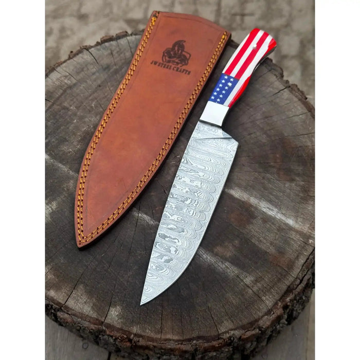 Damascus Chef Knife USA Flag Resin Handle | Hand-Forged Performance Blade