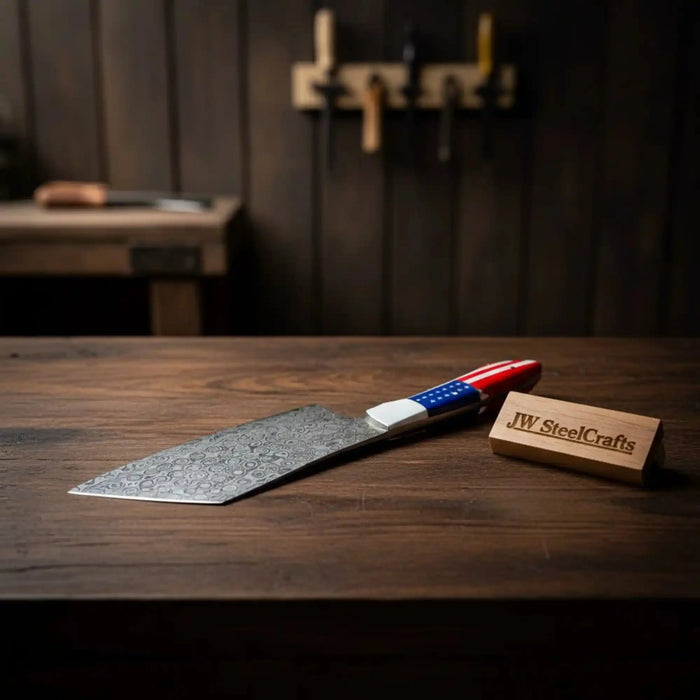 Damascus Steel Cleaver Knife with USA Flag Resin Handle | Handmade Kitchen Utility Knife