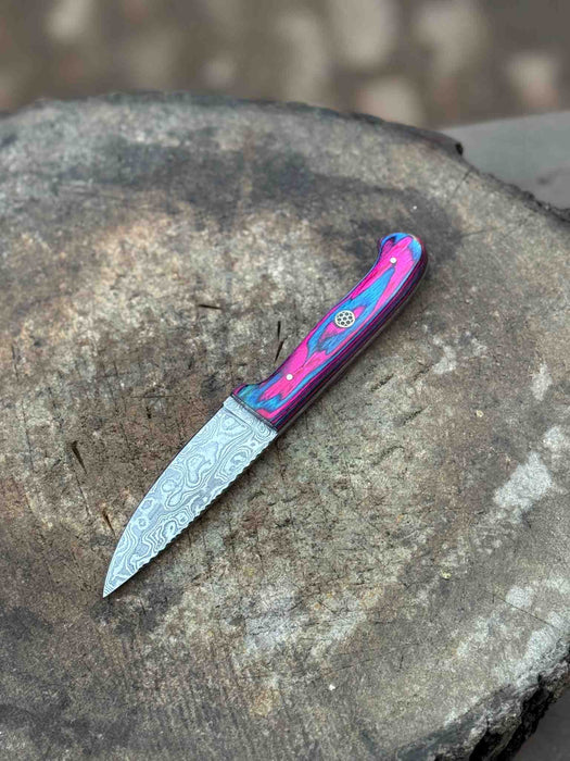 Damascus Steel Fixed Blade Knife – Pink & Blue Pakka Wood Handle | JW SteelCrafts