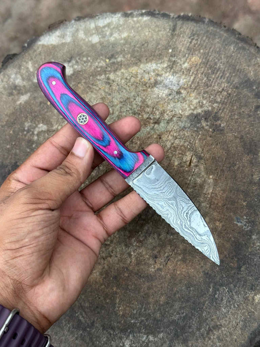 Damascus Steel Fixed Blade Knife – Pink & Blue Pakka Wood Handle | JW SteelCrafts