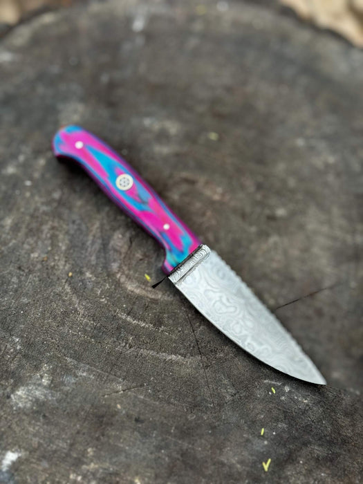 Damascus Steel Fixed Blade Knife – Pink & Blue Pakka Wood Handle | JW SteelCrafts