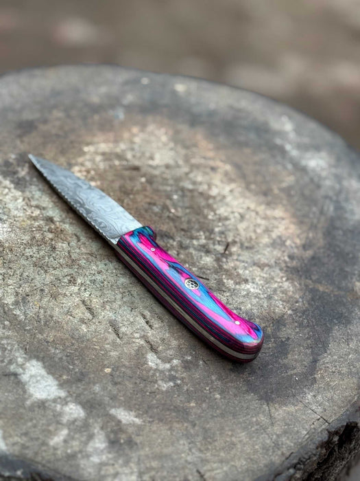 Damascus Steel Fixed Blade Knife – Pink & Blue Pakka Wood Handle | JW SteelCrafts