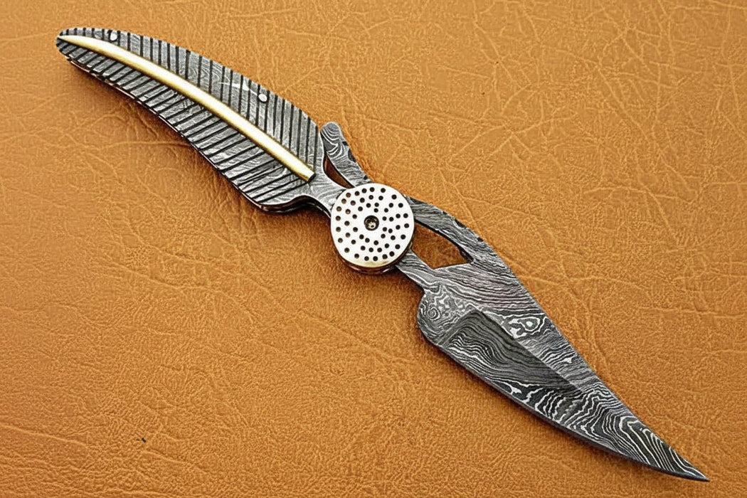Damascus Steel Folding Knife with Sculpted Feather Handle & Brass Inlay | Handcrafted EDC Pocket Knife