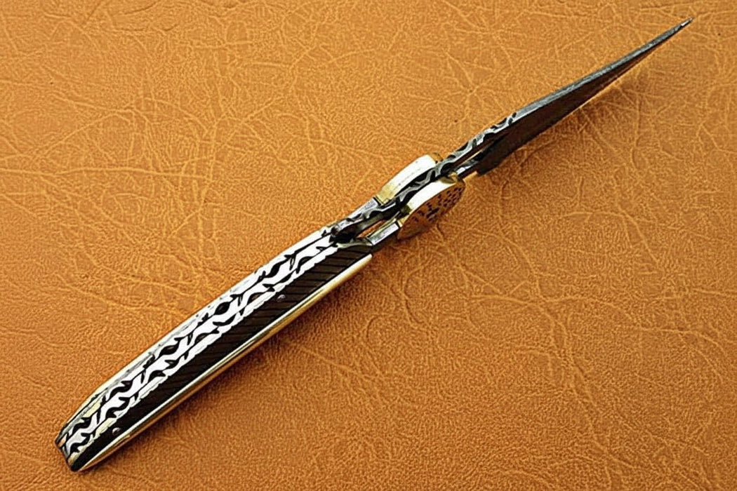 Damascus Steel Folding Knife with Sculpted Feather Handle & Brass Inlay | Handcrafted EDC Pocket Knife