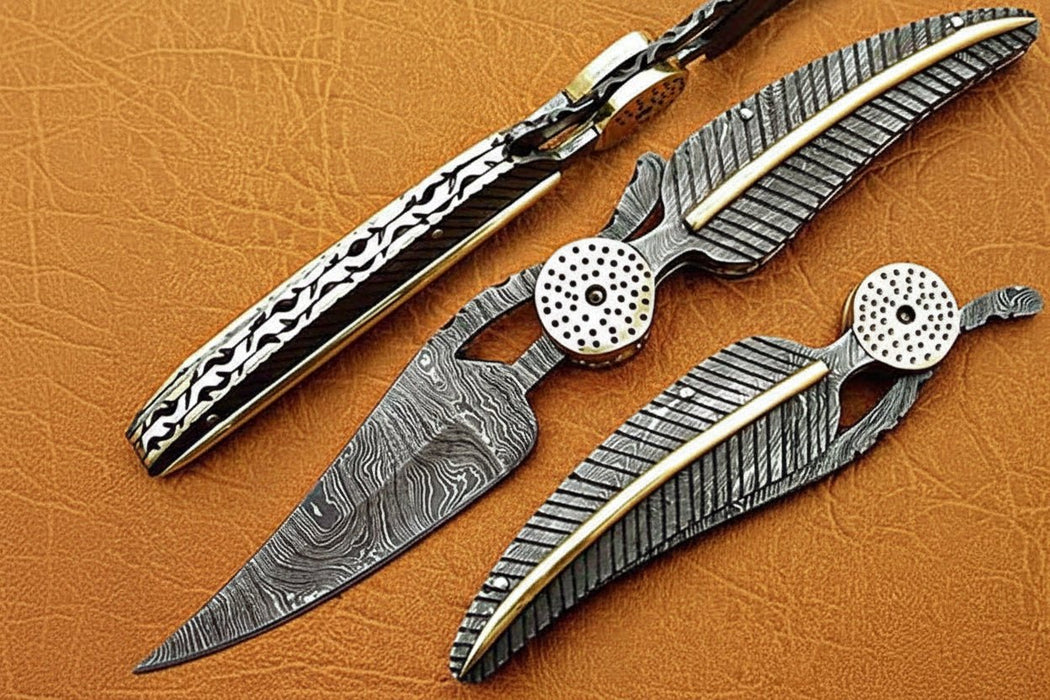 Damascus Steel Folding Knife with Sculpted Feather Handle & Brass Inlay | Handcrafted EDC Pocket Knife