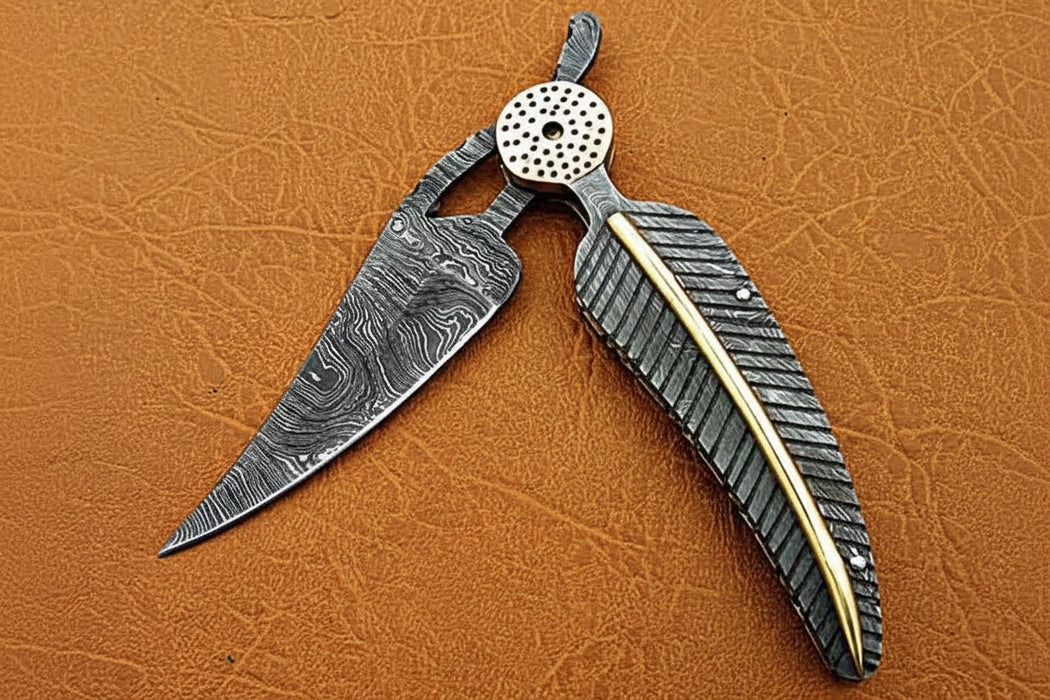 Damascus Steel Folding Knife with Sculpted Feather Handle & Brass Inlay | Handcrafted EDC Pocket Knife
