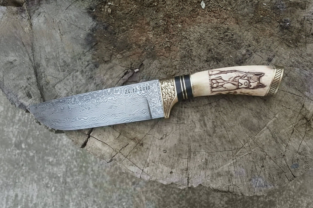 Damascus Steel Dog Engraved Bone Handle Hunting Skinner Knife – 10 Inch Overall l