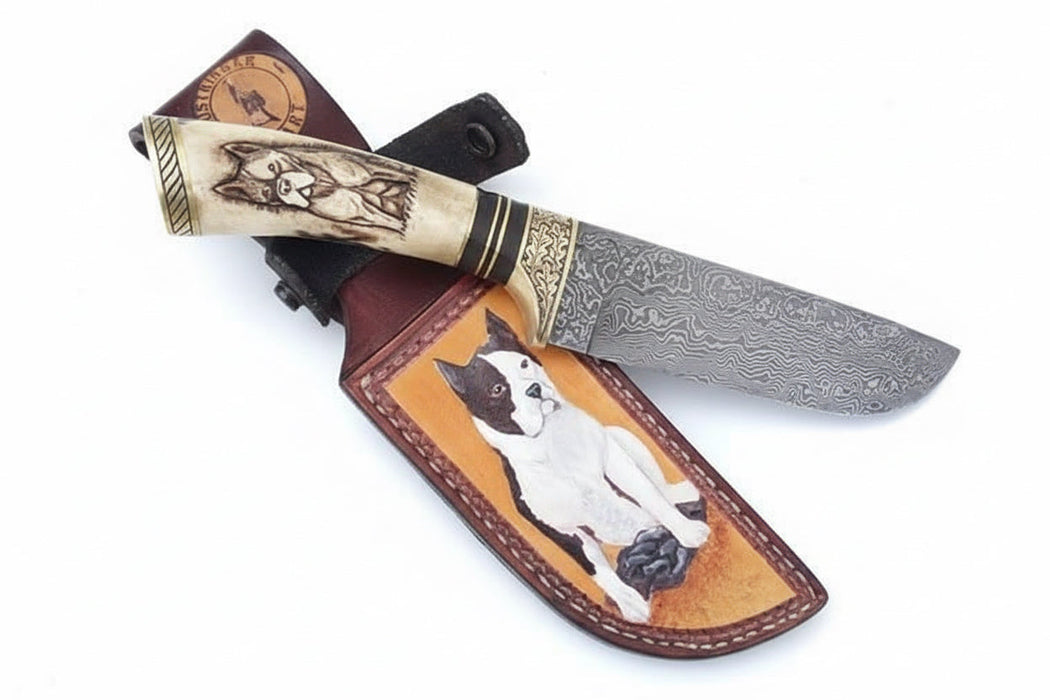 Damascus Steel Dog Engraved Bone Handle Hunting Skinner Knife – 10 Inch Overall l