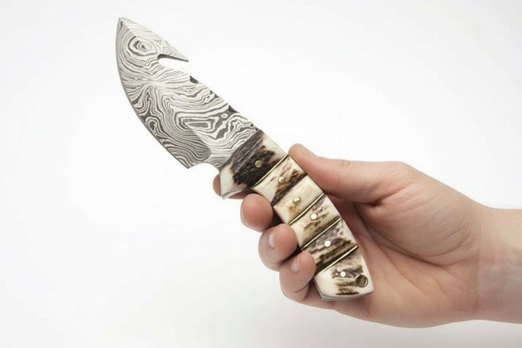 Damascus Steel Skinner Knife w/ Stag Handle and Gut Hook /Hunting Fixed Blade Knife