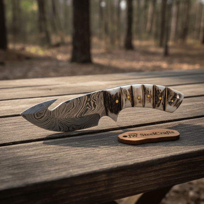 Damascus Steel Skinner Knife w/ Stag Handle and Gut Hook /Hunting Fixed Blade Knife