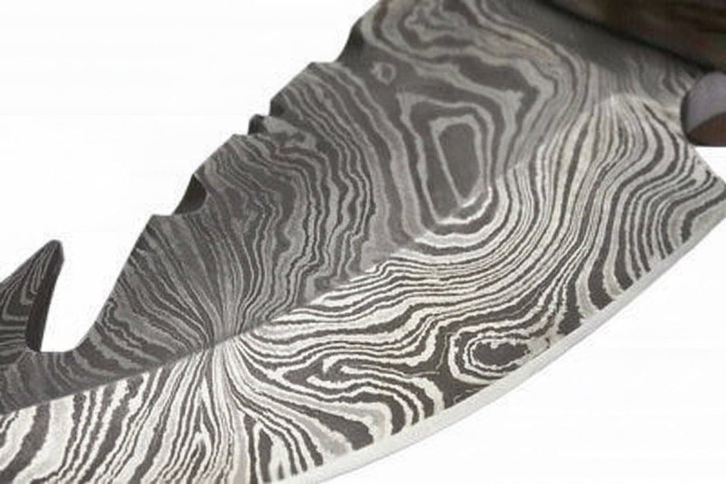 Damascus Steel Skinner Knife w/ Stag Handle and Gut Hook /Hunting Fixed Blade Knife