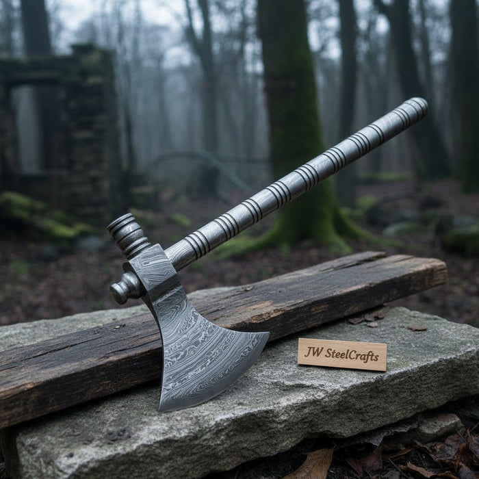 Damascus Steel Smoking Pipe Axe – Hand Forged Functional Pipe Tomahawk with Carved Hardwood Handle | JW SteelCrafts